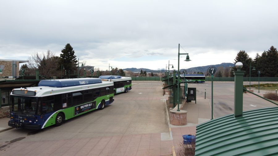 Transfort buses sit at the transit center on April 11, 2020. The Horn will have a major route change starting March 16 due to construction on campus. (Devin Cornelius | Collegian)