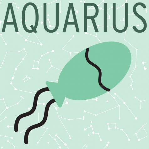 On a green background of little constellations, the word Aquarius is written in large letters above a graphic of the symbol for the Aquarius star sign.