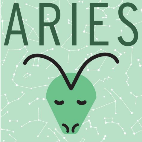 On a green background of little constellations, the word Aries is written in large letters above a graphic of the symbol for the Aries star sign.