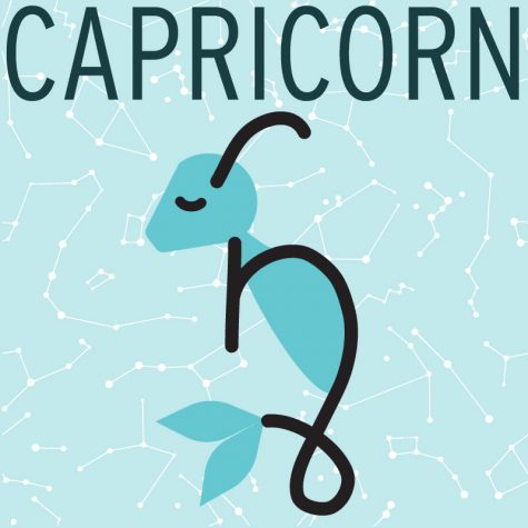 On a light teal background of little constellations, the word Capricorn is written in large letters above a graphic of the symbol for the Capricorn star sign.