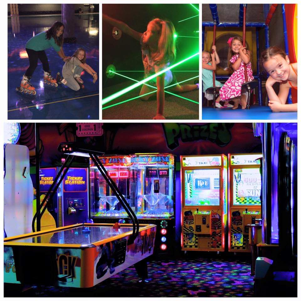 Various images of activities held at Rollerland: arcade games, lazer mazes, and a indoor jungle gym. Small children can be seen playing in the variety of areas.