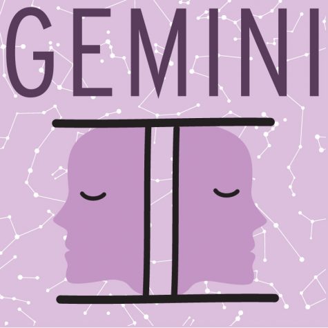 On a purple background of little constellations, the word Gemini is written in large letters above a graphic of the symbol for the Gemini star sign.