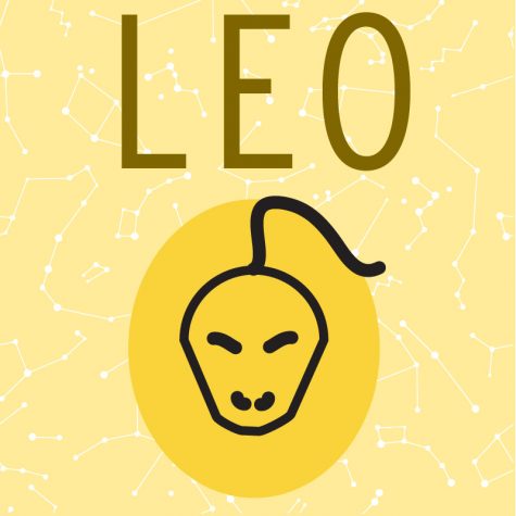 On a yellow background of little constellations, the word Leo is written in large letters above a graphic of the symbol for the Leo star sign.