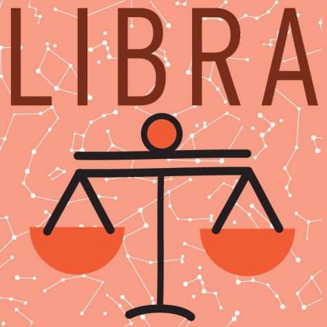 On a red-orange background of little constellations, the word Libra is written in large letters above a graphic of the symbol for the Libra star sign.