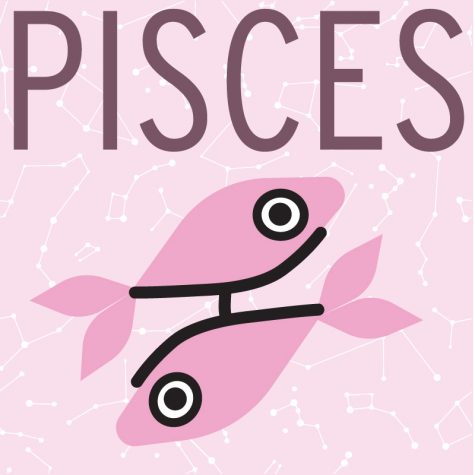 On a pink background of little constellations, the word Pisces is written in large letters above a graphic of the symbol for the Pisces star sign.