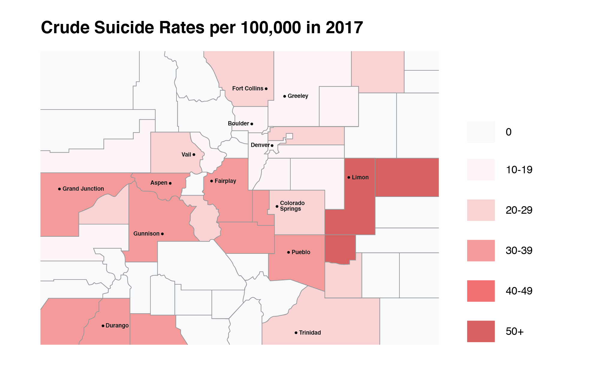 Graph of Colorado Crude Suicide Rates per 100,000 people in 2017. (Story: Red Flag Gun Law)