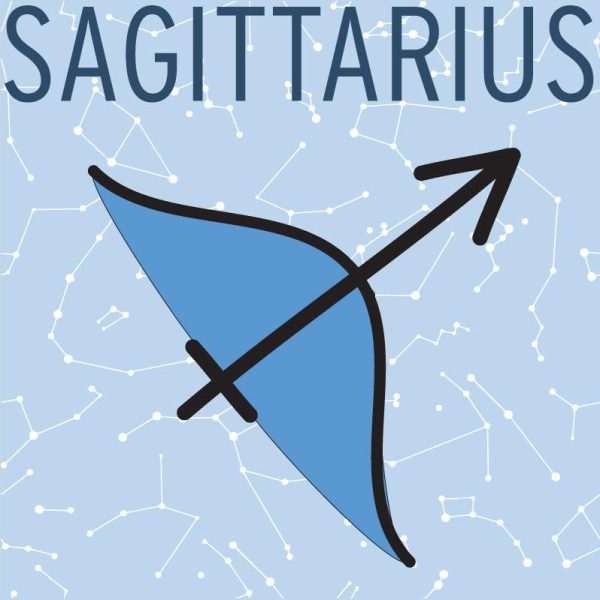 On a blue background of little constellations, the word Sagittarius is written in large letters above a graphic of the symbol for the Sagittarius star sign.