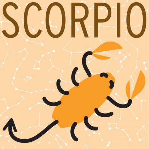 On a yellow-orange background of little constellations, the word Scorpio is written in large letters above a graphic of the symbol for the Scorpio star sign.