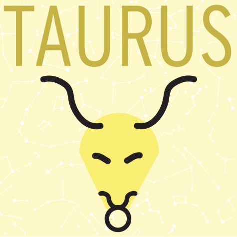 On a yellow background of little constellations, the word Taurus is written in large letters above a graphic of the symbol for the Taurus star sign.