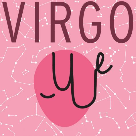 On a pink background of little constellations, the word Virgo is written in large letters above a graphic of the symbol for the Virgo star sign.