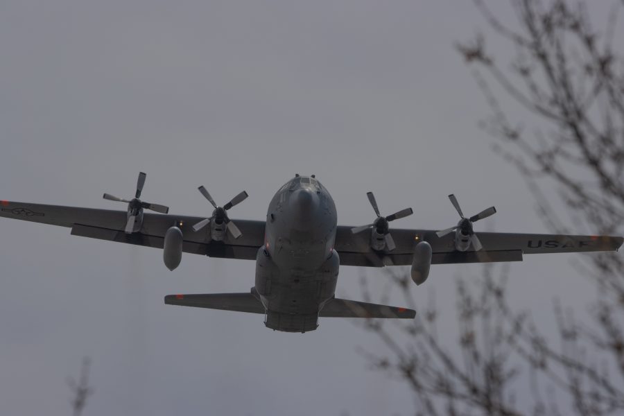 A C-130 flies over UCHealth Poudre Valley Hospital on May 6, 2020 to show support for essential, and healthcare workers throughout Colorado. (Devin Cornelius | Collegian)