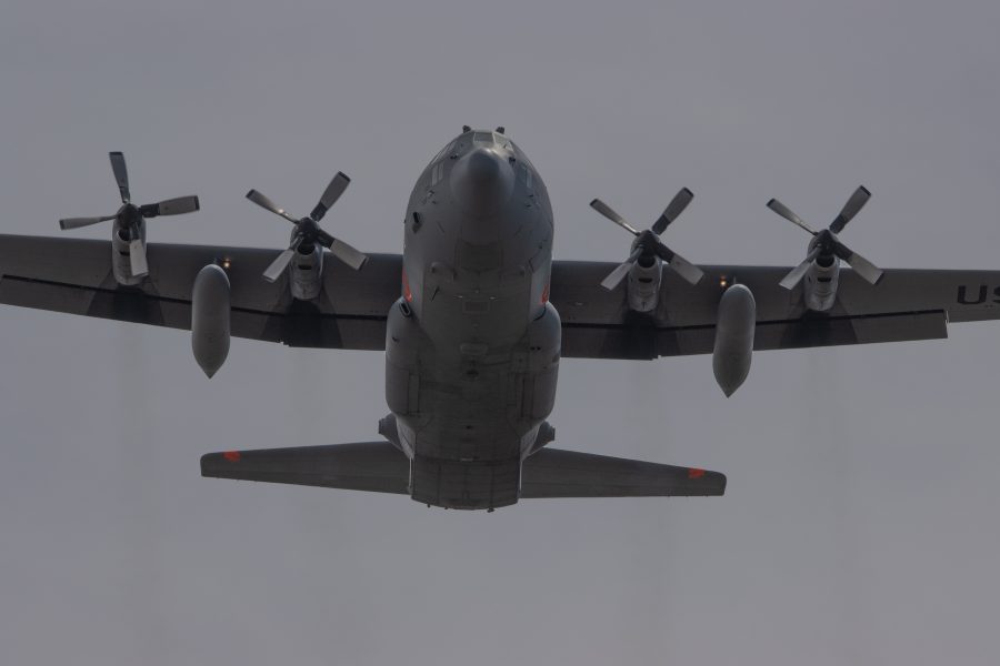 A C-130 flies over UCHealth Poudre Valley Hospital on May 6, 2020 to show support for essential, and healthcare workers throughout Colorado. (Devin Cornelius | The Collegian)