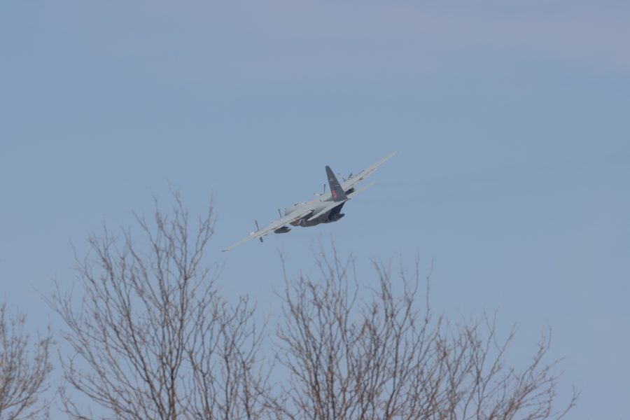 A C-130 flies over UCHealth Poudre Valley Hospital on May 6, 2020 to show support for essential, and healthcare workers throughout Colorado. (Devin Cornelius | Collegian)