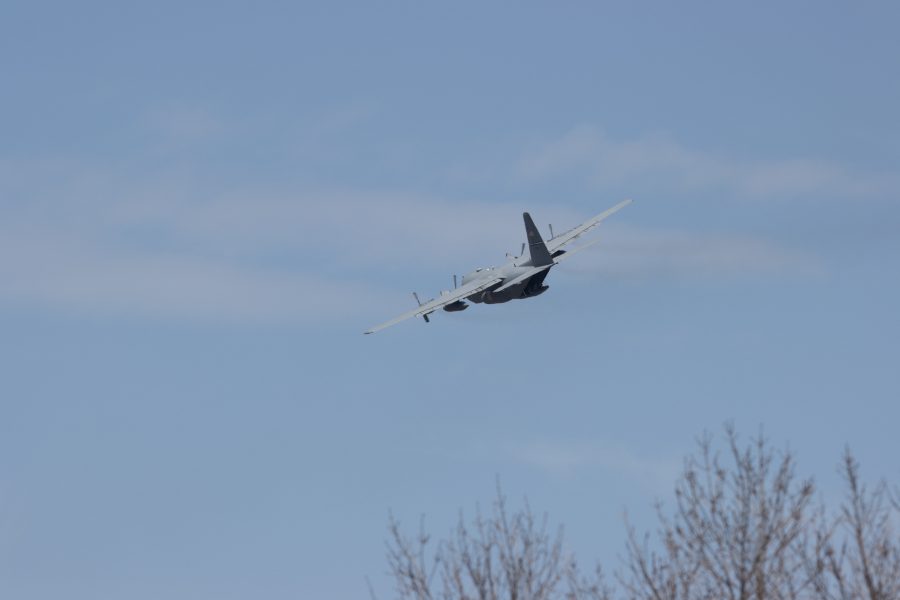 A C-130 flies over UCHealth Poudre Valley Hospital on May 6, 2020 to show support for essential, and healthcare workers throughout Colorado. (Devin Cornelius | Collegian)