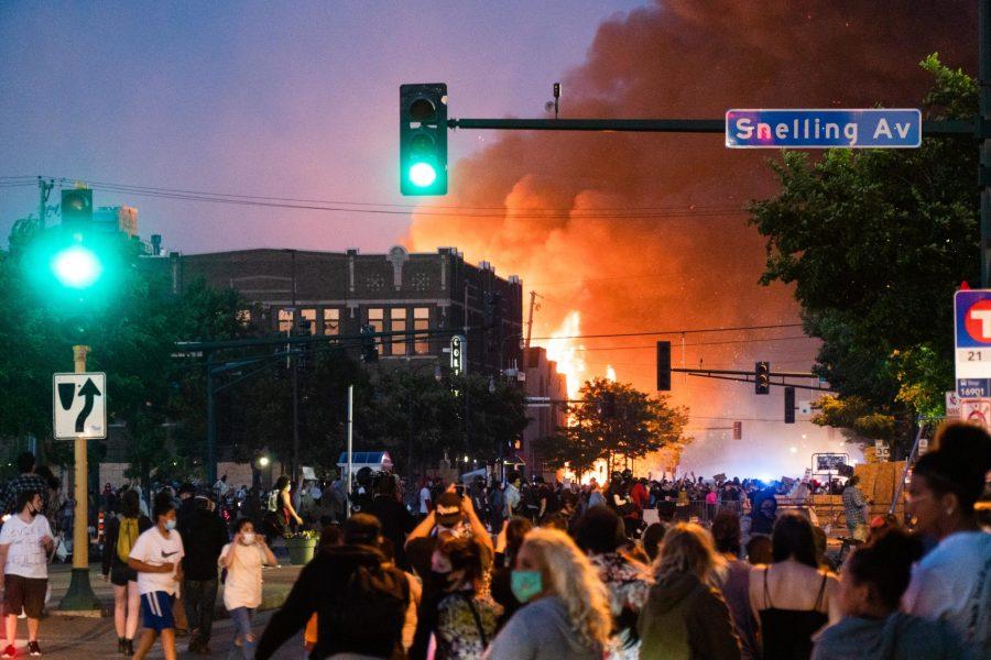 A building on fire near Lake Street and Minnehaha Avenue in Minneapolis as a part of the protests in response to the killing of George Floyd. Thursday, May 28. (Photo courtesy of Ben Leonard)