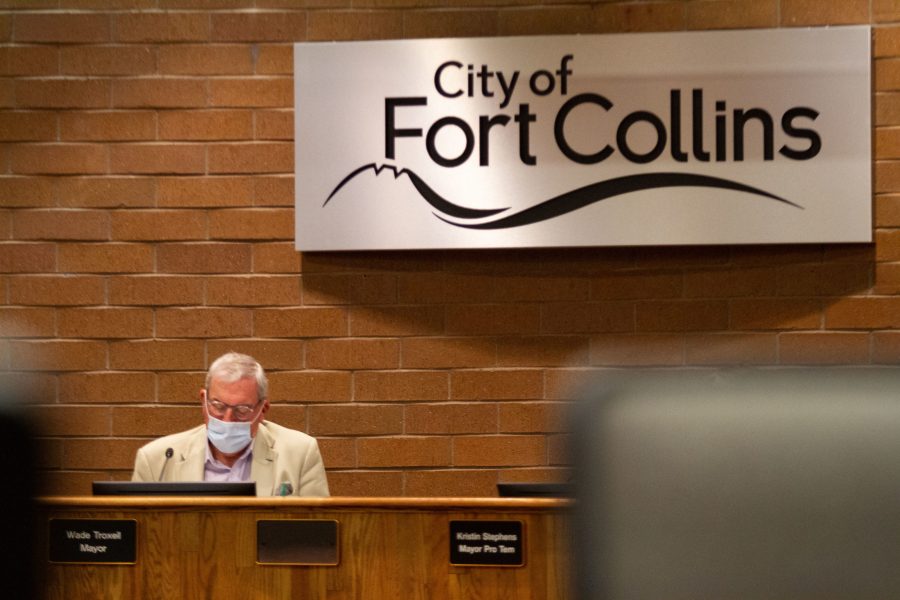 Fort Collins Mayor Wade Troxell addresses members of the gallery calling in through a video call to voice their concerns about the nightly removal of a vigil for George Floyd, Breonna Taylor and other victims of police brutality built outside the Fort Collins Police Department on Timberline Road, June 2. (Matt Tackett | The Collegian)