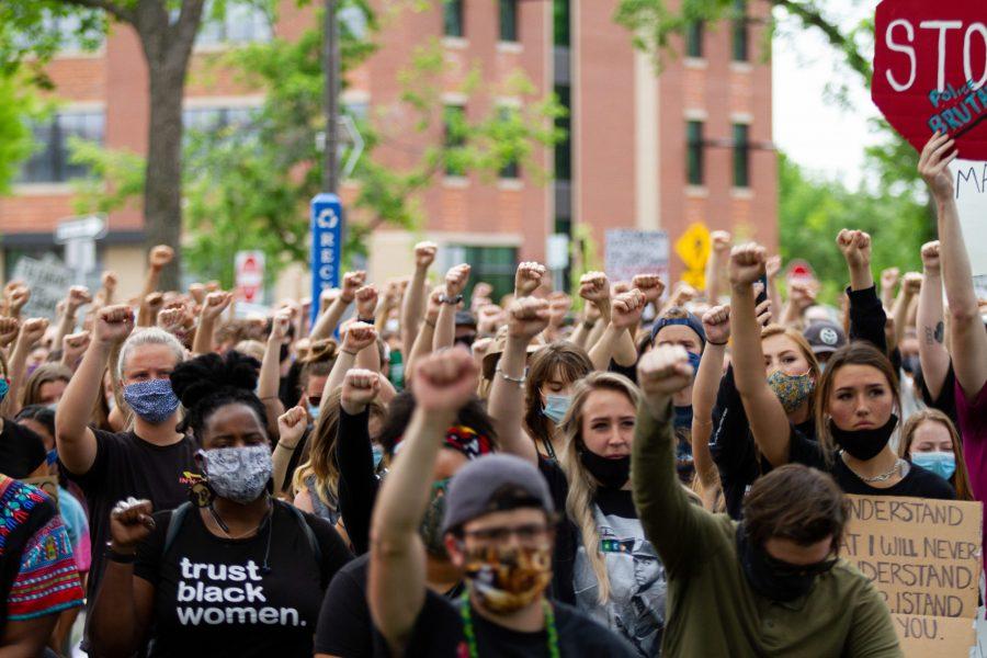 Hundreds of protesters march to Fort Collins City Hall from The Oval June 2. The march follows a week of protests after the death of George Floyd, an unarmed Black man in Minneapolis police custody. (Matt Tackett | The Collegian)
