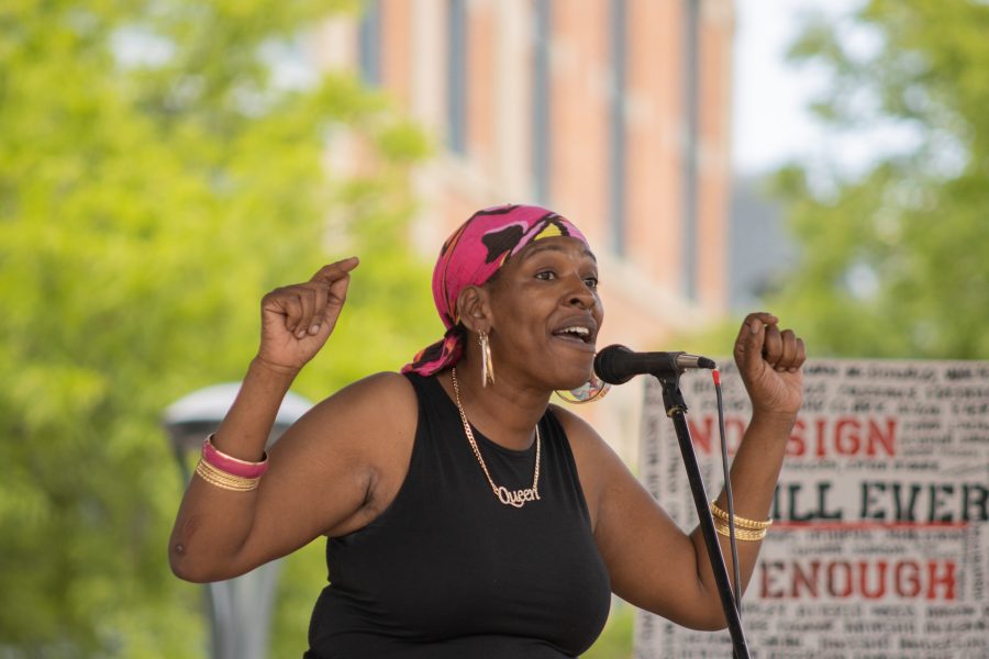 Queen Johnson speaks to protesters about her experiences with the police in Fort Collins at a protest in Old Town Square on June 5. (Devin Cornelius | Collegian)