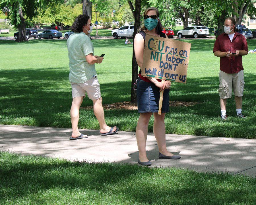 Colorado State University faculty gathered Monday afternoon at The Oval for an open meeting regarding changes in NTTF contracts and confusing communication from University adminstration June 1, 2020. (Serena Bettis | The Collegian)
