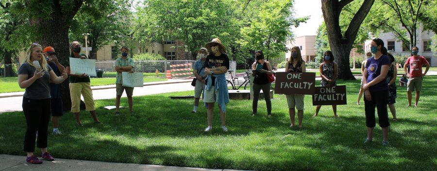 Colorado State University faculty gathered Monday afternoon at The Oval for an open meeting regarding changes in NTTF contracts and confusing communication from University adminstration June 1, 2020. (Serena Bettis | The Collegian)