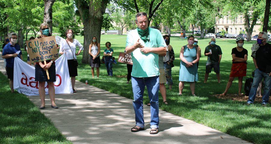 Colorado State University faculty gathered Monday afternoon at The Oval for an open meeting regarding changes in NTTF contracts and confusing communication from University adminstration June 1, 2020. (Serena Bettis | The Collegian)