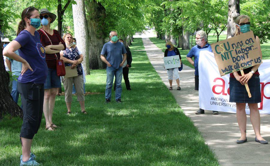 Colorado State University faculty gathered Monday afternoon at The Oval for an open meeting regarding changes in NTTF contracts and confusing communication from University adminstration June 1, 2020. (Serena Bettis | The Collegian)