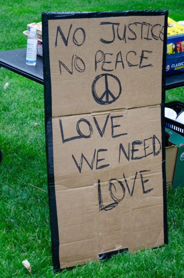 A sign calling for love at the July 4 rally of resistance at The Oval.  (Reed Slater | Collegian)