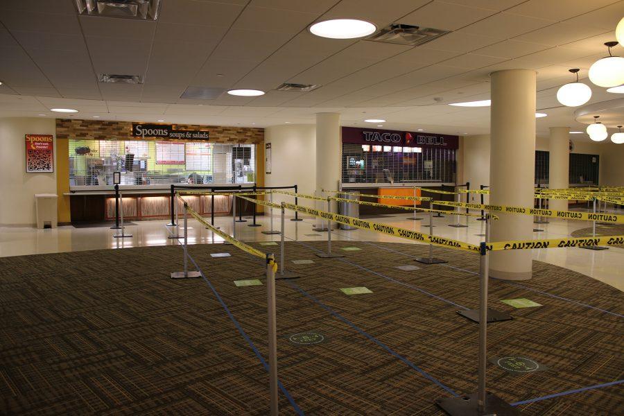 The space outside the food court at the Lory Student Center. The Colorado State University campus looks very different during the coronavirus pandemic to account for social distancing protocols. (Serena Bettis | The Collegian)