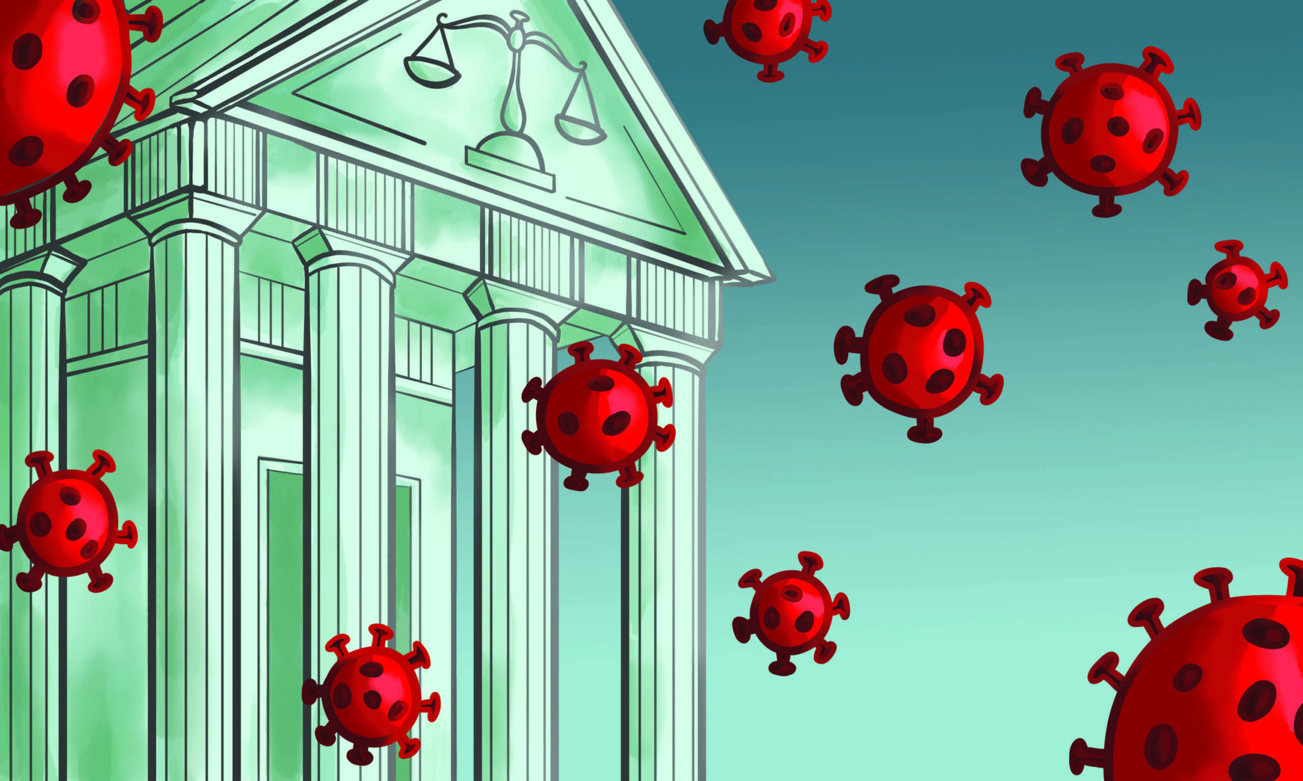 Graphic illustration depicting coronavirus bubbles surrounding a legal building