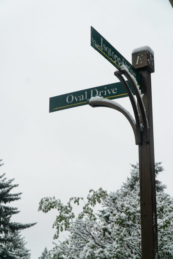 A Snow Covered Street Sign along the Oval. (Ben Leonard | The Collegian)