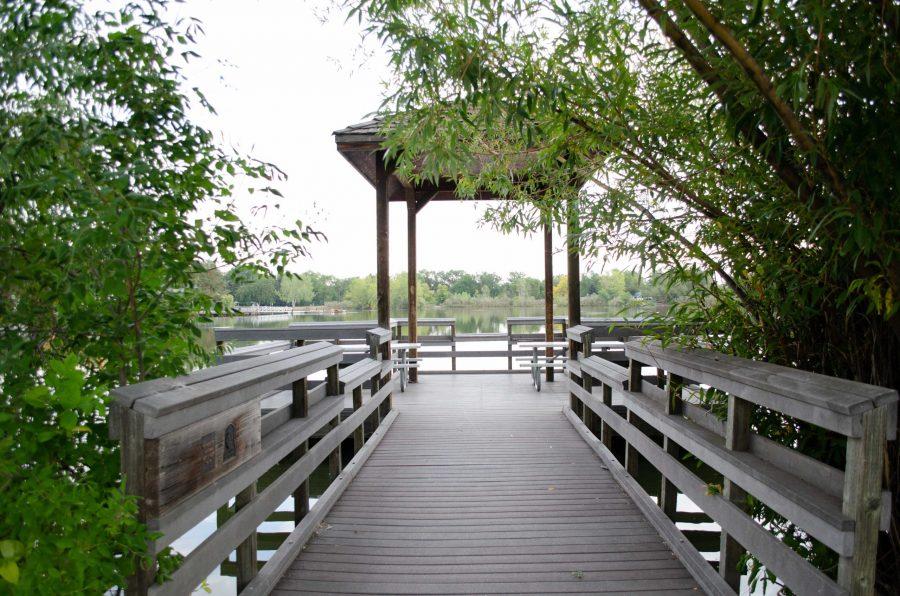 A dock at Sheldon Lake fit with seats and tables. (Reed Slater | The Collegian)