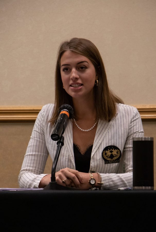 Associated Students of Colorado State University Speaker of the Senate candidate Lys  Taddei speaks at the debate in the North Ballroom of the Lory Student Center, Sept. 9. (Anna von Pechmann | The Collegian) 