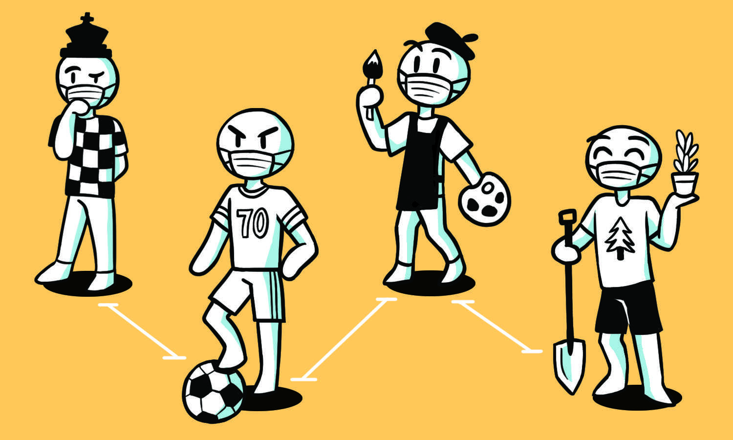 Graphic illustration depicting four figures representing clubs (chess, soccer, painting, and gardening) standing six feet apart