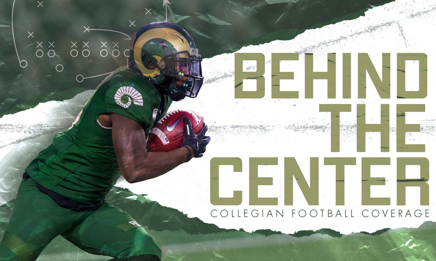 Graphic illustration depicting a football player running with a ball towards the text stating "Behind the Center, Collegian Football Coverage"