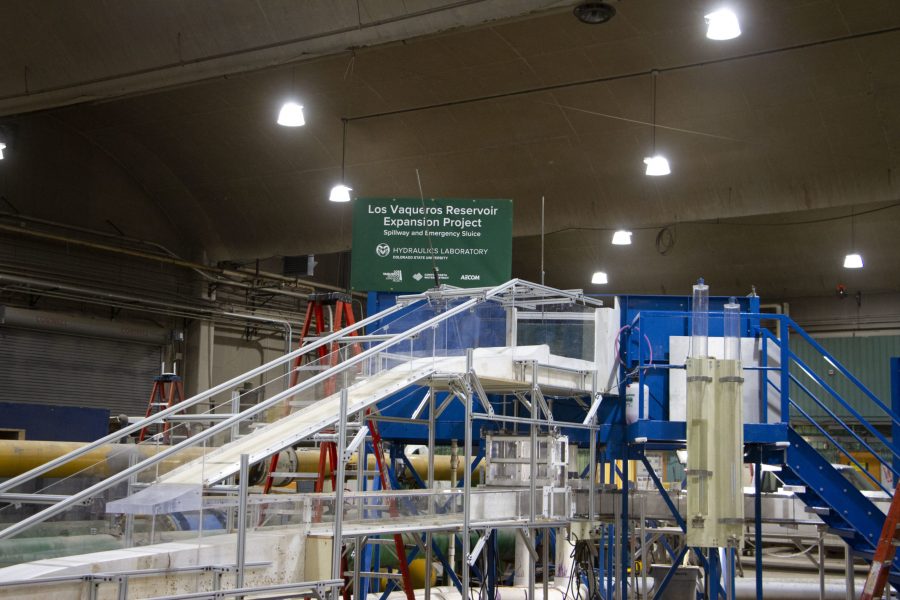 The front side of the Los Vaqueros Reservoir Expansion project in the CSU Hydraulics Lab on October 5, 2020. The project is a 1ft:12in scale model created by engineers, and engineering students at CSU. (Bella Johnson | The Collegian)