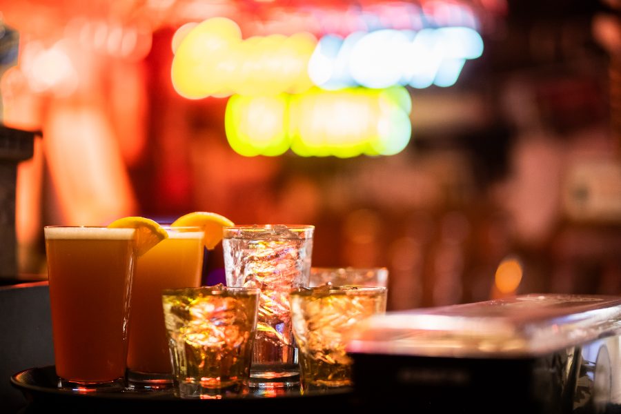 A tray of five freshly made drinks sits on the bar waiting for a server to bring them to customers Sept. 26. (Lucy Morantz | The Collegian) 