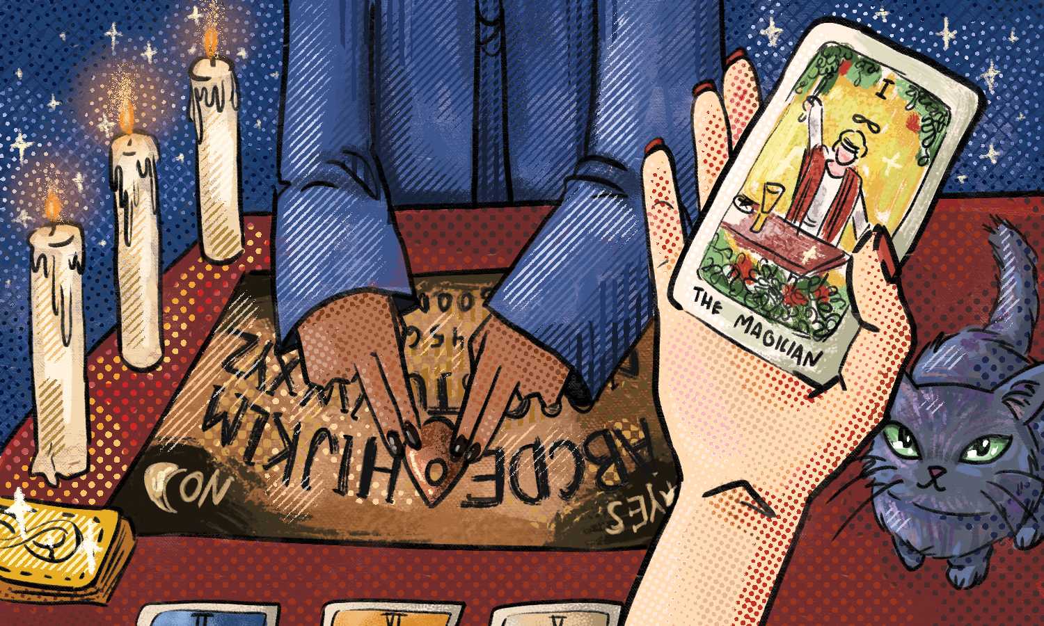Graphic illustration depicting a hand holding a taro card titled "The Magician" with a ouija board, candles, and a black cat in the background.