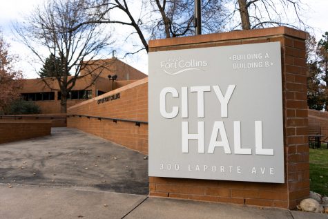 A sign stands signifying City Hall at 300 Laporte Avenue Nov. 8, 2020. (Skyler Pradhan | The Collegian)