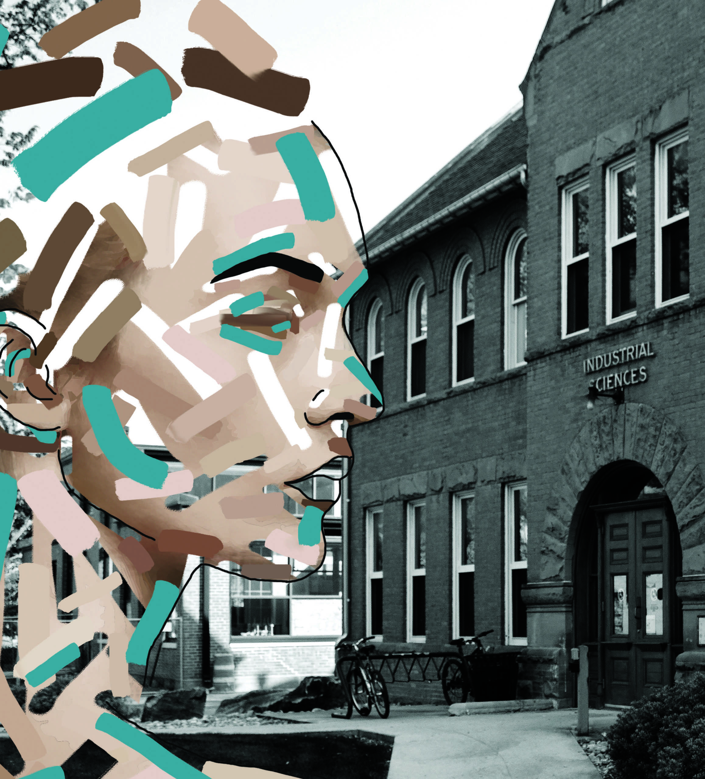 Illustration showing an abstract female side profile with blue elements in her skin, representing the color of the Sexual Assault Awareness Flag. Behind the drawn figure is a building on Colorado State University's campus where a harassment incident occurred on-campus