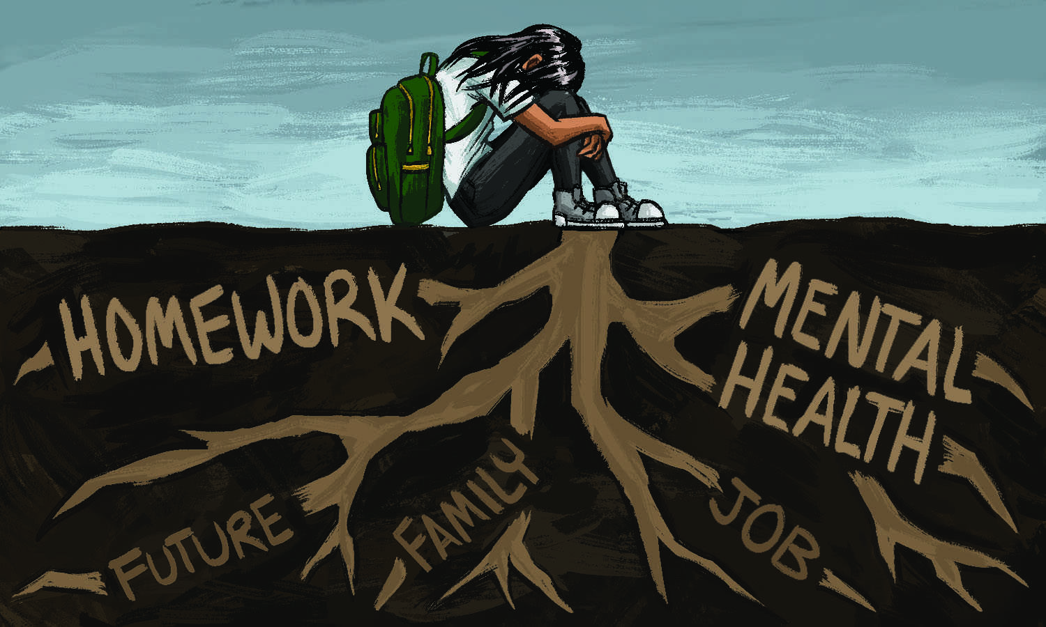 graphic illustration depicting a student on the ground with roots coming from them describing elements of stress; mental health, homework, future, family, and job