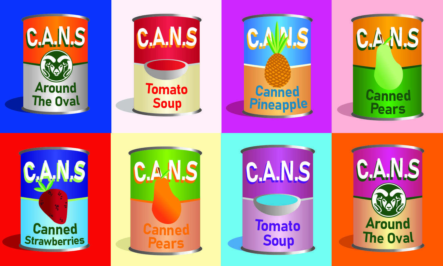 graphic illustration depicting eight different cans to represent cans around the oval