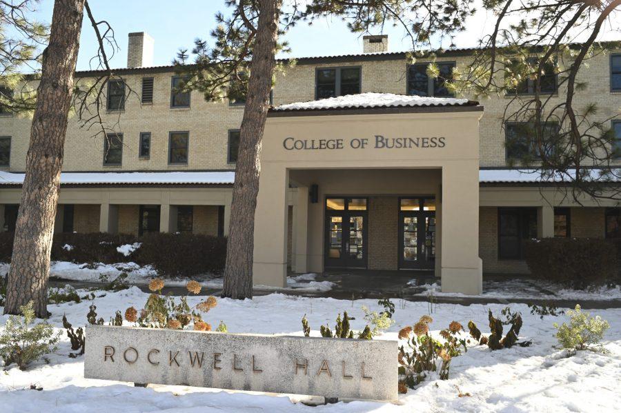 The current main entrance Rockwell Hall, home of the College of Business, is photographed blanketed in snow, Oct. 28. The previous main entrance was a few yards west of todays. (Luke Bourland | The Collegian) 