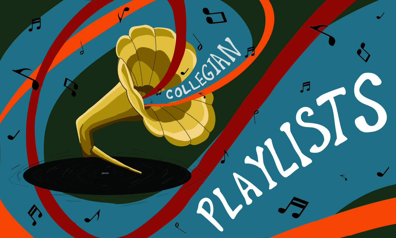 A graphic depicting a gramophone playing music with he words "Collegian Playlists" coming out of it. Music notes float around in the space