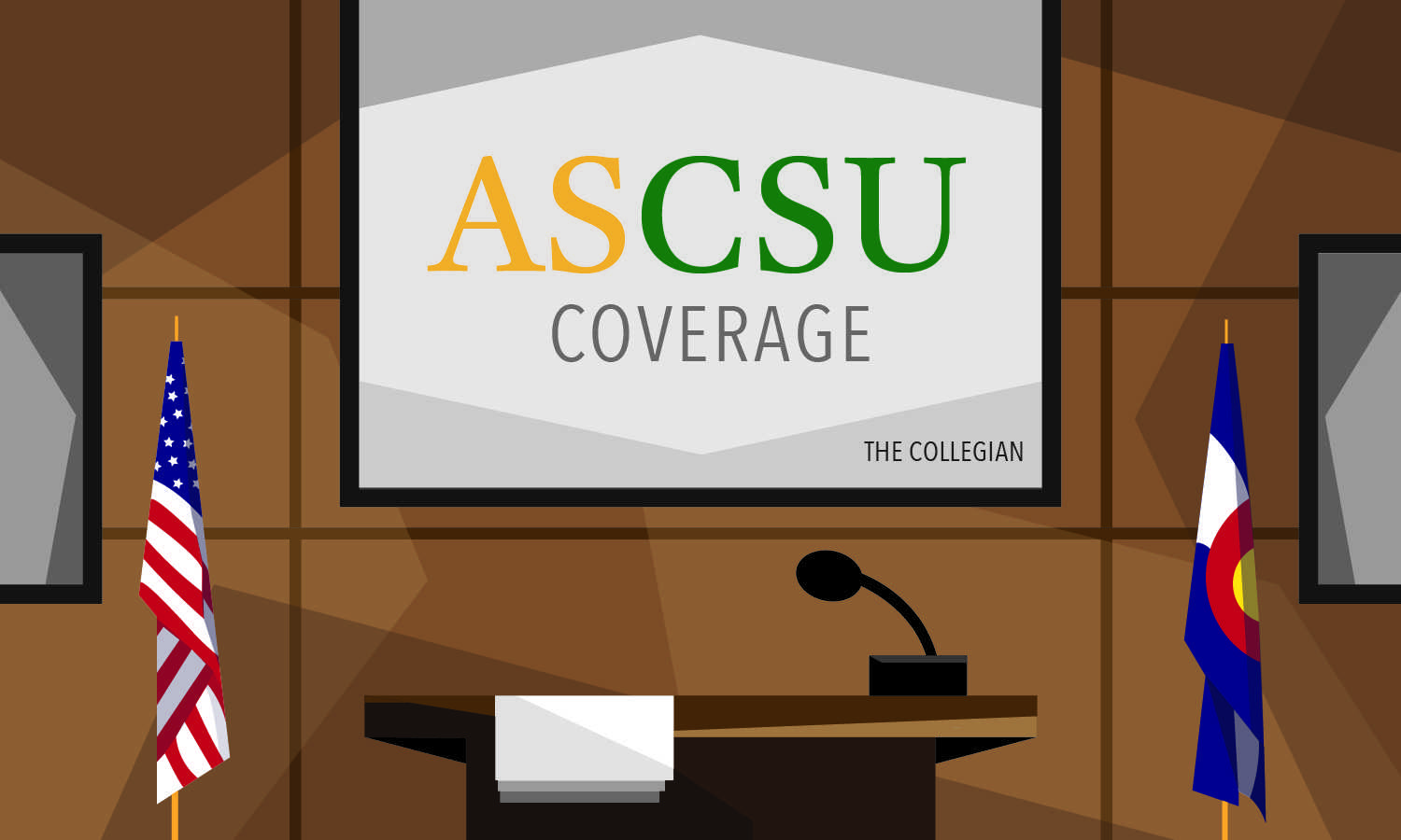Graphic illustration of the ASCSU senate chambers at Colorado State University. Text states "ASCSU Coverage"