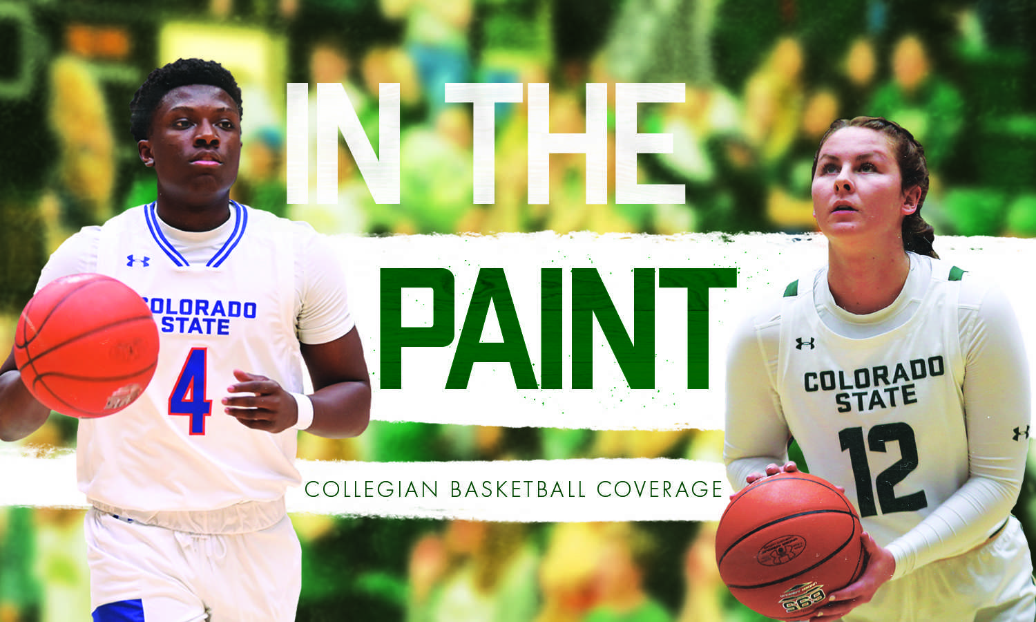 Photo illustration show an image of both male and female basketball players with the text "In the Paint, Collegian Basketball Coverage"