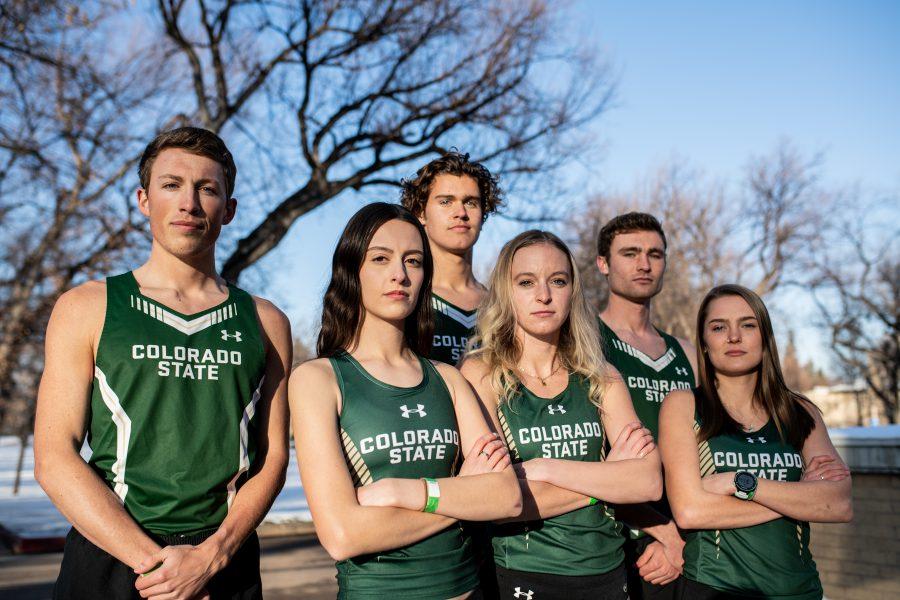 Colorado State University cross country athletes Jaco Brueckman, Thomas Chaston, Tanner Norman, Ivy Gonzales, Lauren Offerman and Lily Tomasula-Martin pose for a photo near the Oval at CSU Jan. 27. (Lucy Morantz | The Collegian)
