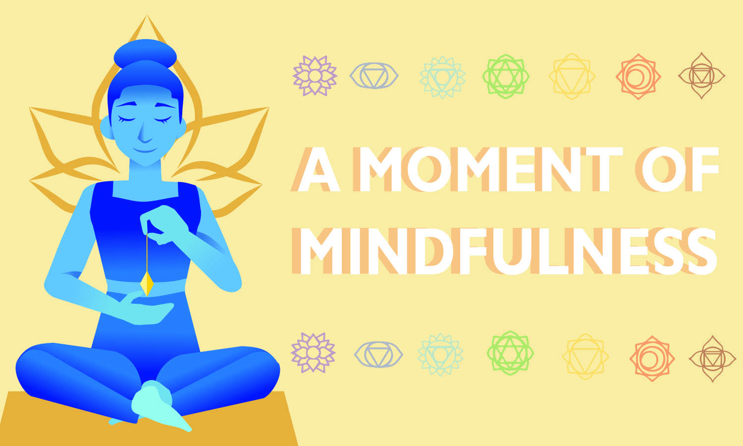 graphic illustration for a moment of mindfulness of a figure doing the lotus yoga pose with chakras
