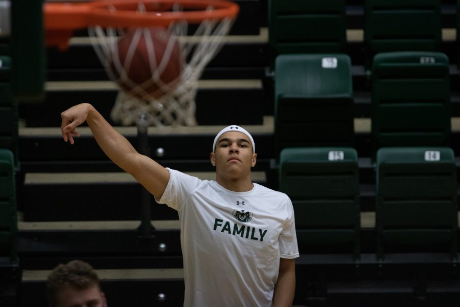 John Tonje (1) watches his three pointers go into the basket while warming up before the University’s basketball game vs Boise State University Jan. 29. CSU loses to Boise 85-77. (Devin Cornelius | Collegian) 