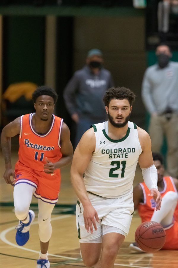 David Roddy (21) dribbles down court during Colorado State University’s basketball game against Boise State University Jan. 29. Boise defeats CSU 85-77.