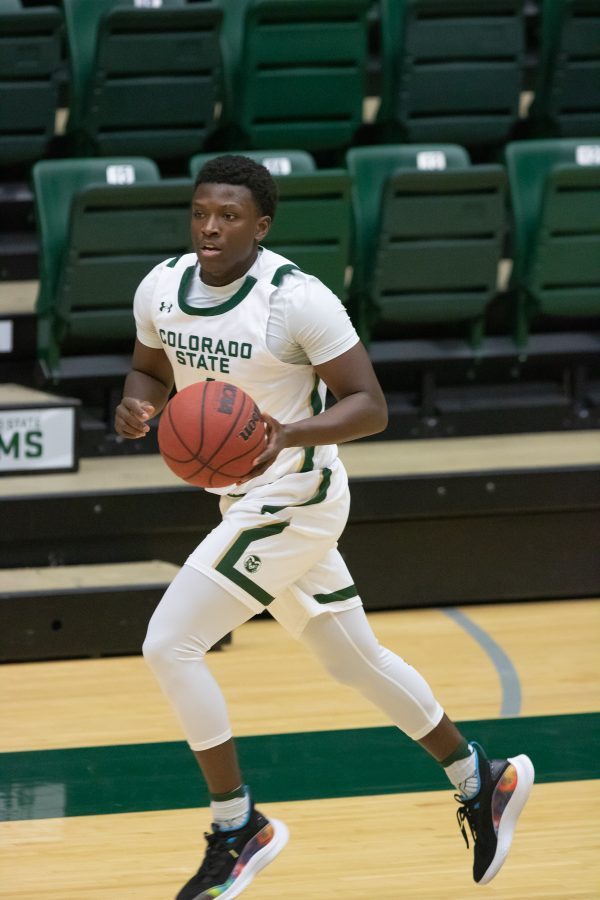 Isaiah Stevens (4) sets up the offense as he dribbles up court during the University’s basketball game vs Boise State University Jan. 29. CSU falls 85-77. (Devin Cornelius | Collegian) 